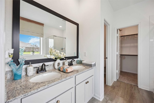 full bathroom with a sink, double vanity, wood finished floors, and a spacious closet