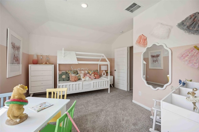 bedroom with visible vents, lofted ceiling, and carpet floors