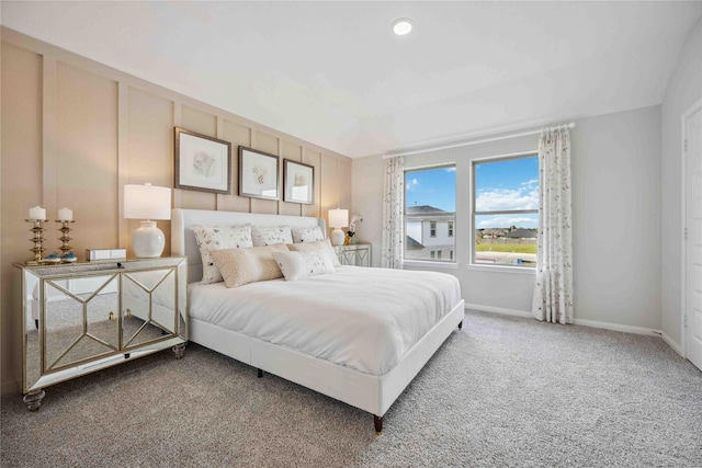 carpeted bedroom with recessed lighting and baseboards