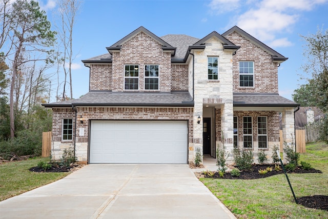 view of front facade featuring stone siding, concrete driveway, a shingled roof, and an attached garage