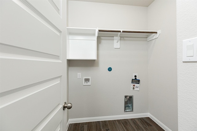 laundry room with hookup for a washing machine, baseboards, dark wood finished floors, laundry area, and electric dryer hookup