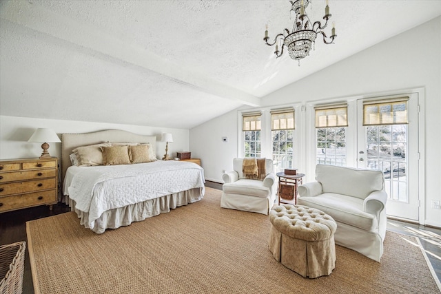 bedroom with a notable chandelier, lofted ceiling, a textured ceiling, and wood finished floors