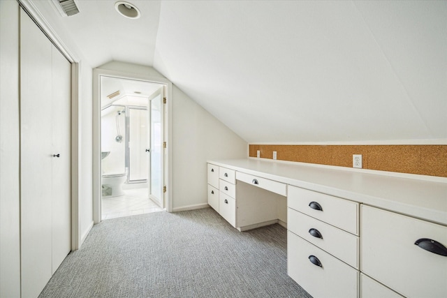 bathroom featuring visible vents, toilet, carpet, and vaulted ceiling