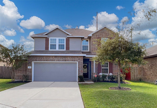 traditional home with a front lawn, brick siding, driveway, and fence