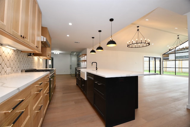 kitchen featuring a sink, decorative backsplash, high end stove, under cabinet range hood, and a chandelier