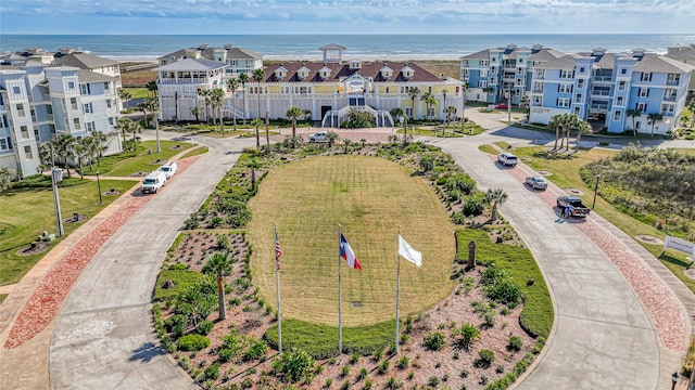 aerial view featuring a residential view and a water view