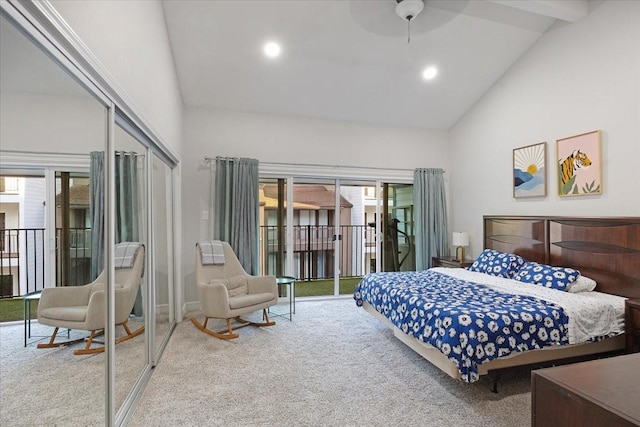 bedroom featuring high vaulted ceiling, access to outside, recessed lighting, a closet, and carpet floors