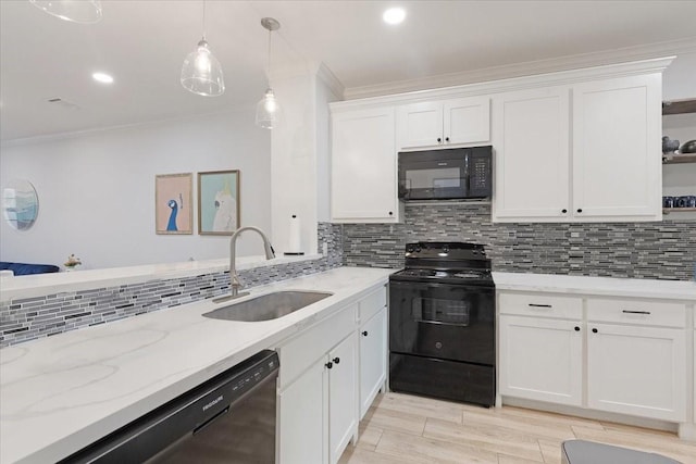 kitchen with a sink, open shelves, black appliances, and white cabinetry