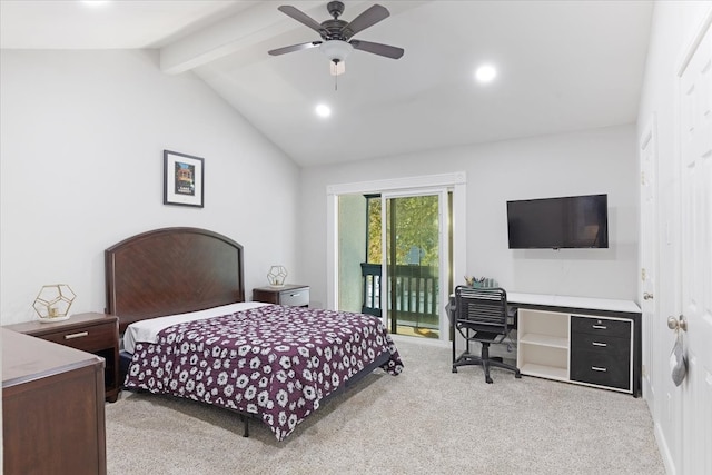 bedroom featuring access to exterior, lofted ceiling with beams, light carpet, recessed lighting, and a ceiling fan