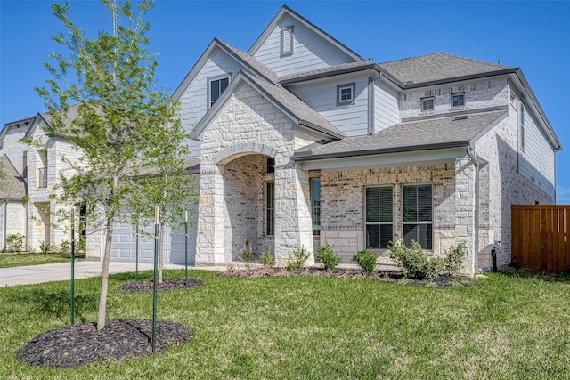 view of front of property with brick siding, a front lawn, concrete driveway, roof with shingles, and a garage