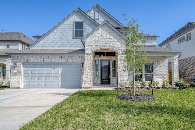 french country style house featuring a garage, driveway, a front yard, and a shingled roof