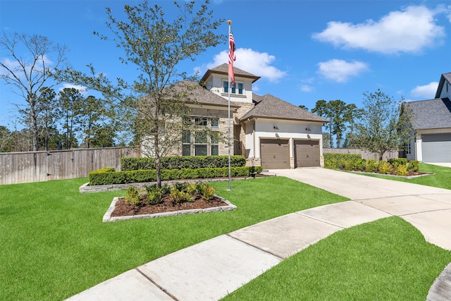 view of front of house with fence, driveway, stucco siding, a front lawn, and stone siding