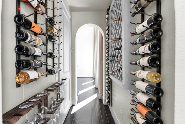 wine area with arched walkways and dark wood-type flooring