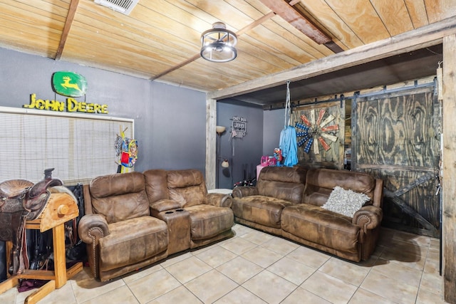 living room with tile patterned flooring, visible vents, and wood ceiling