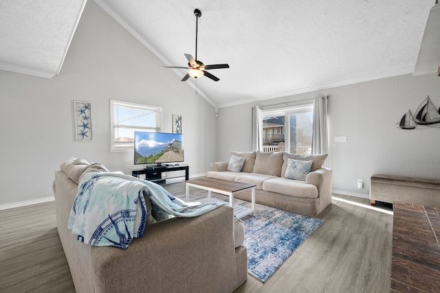 living room featuring baseboards, wood finished floors, a textured ceiling, and ornamental molding