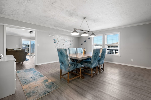 dining area featuring plenty of natural light, a textured ceiling, crown molding, and wood finished floors