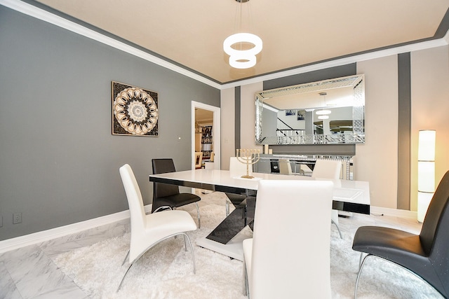 office space with crown molding, baseboards, and marble finish floor