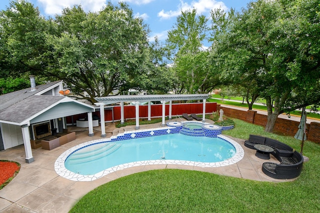 view of pool with a patio area, a lawn, a pergola, and fence