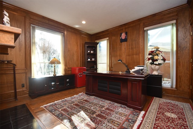 office area featuring wood finished floors and wood walls