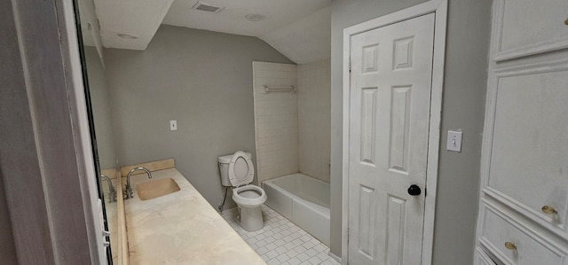 full bath featuring visible vents, toilet, lofted ceiling, tile patterned floors, and vanity