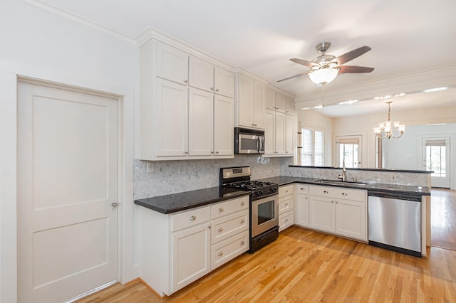 kitchen featuring a wealth of natural light, appliances with stainless steel finishes, a peninsula, and light wood-style floors