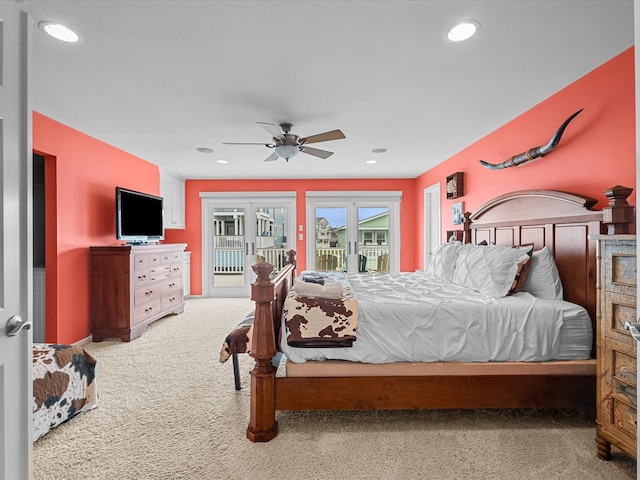 carpeted bedroom with recessed lighting, access to exterior, and a ceiling fan