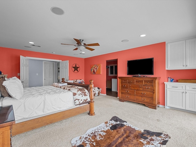 bedroom featuring visible vents, recessed lighting, a closet, carpet flooring, and ceiling fan