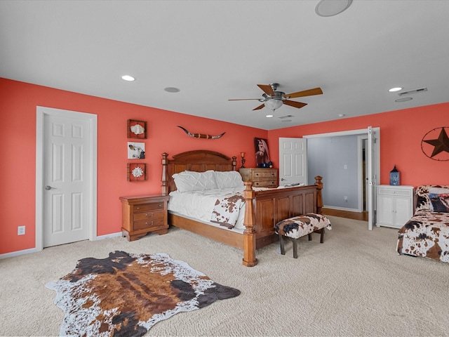 bedroom with visible vents, baseboards, ceiling fan, carpet flooring, and recessed lighting