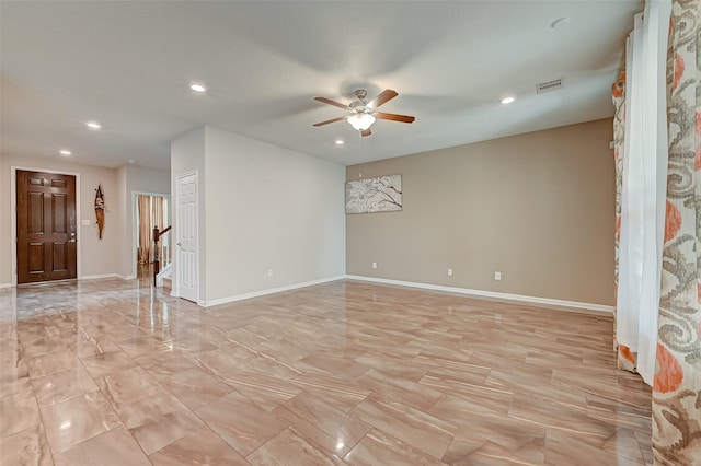 unfurnished room featuring recessed lighting, visible vents, baseboards, and ceiling fan