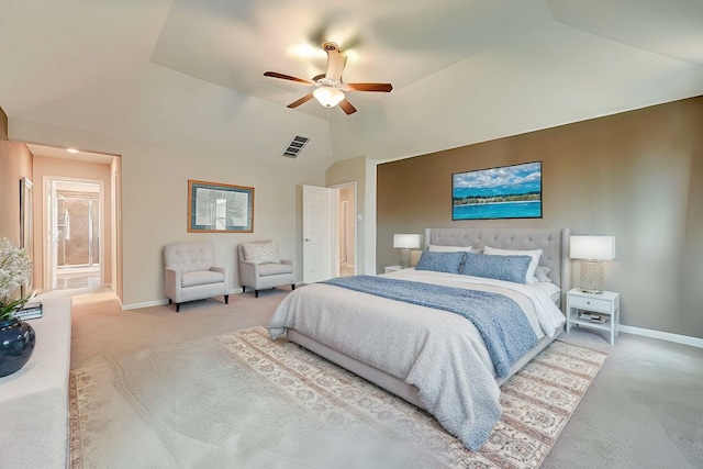 bedroom with a ceiling fan, lofted ceiling, carpet, and baseboards