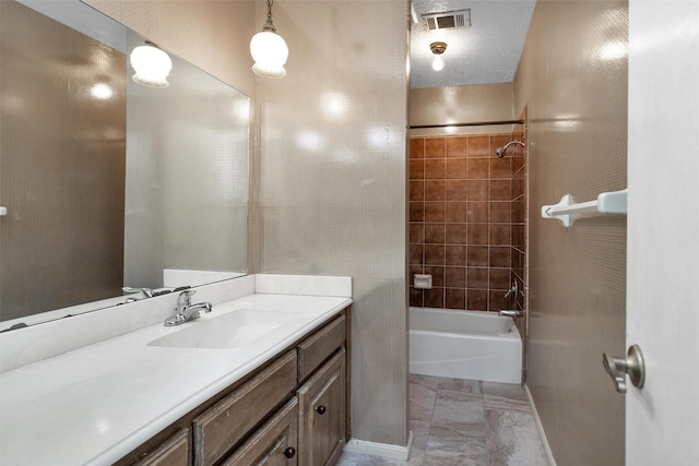 full bath with washtub / shower combination, visible vents, and vanity