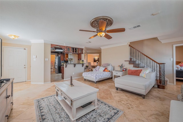 bedroom featuring baseboards, visible vents, light tile patterned flooring, ceiling fan, and ornamental molding