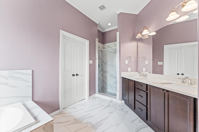 bathroom with visible vents, ornamental molding, a sink, a shower stall, and marble finish floor