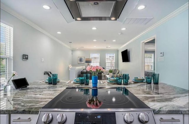 kitchen featuring white cabinetry, crown molding, electric range, and visible vents