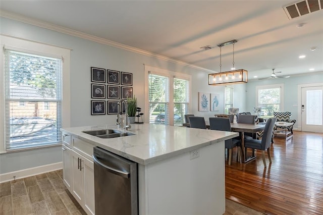 kitchen with a sink, visible vents, stainless steel dishwasher, and dark wood-style floors