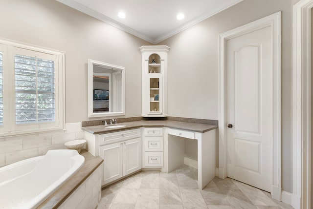 full bath featuring a bath, recessed lighting, vanity, and crown molding