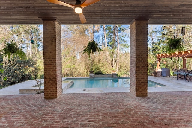 pool featuring a patio area, a pergola, and ceiling fan