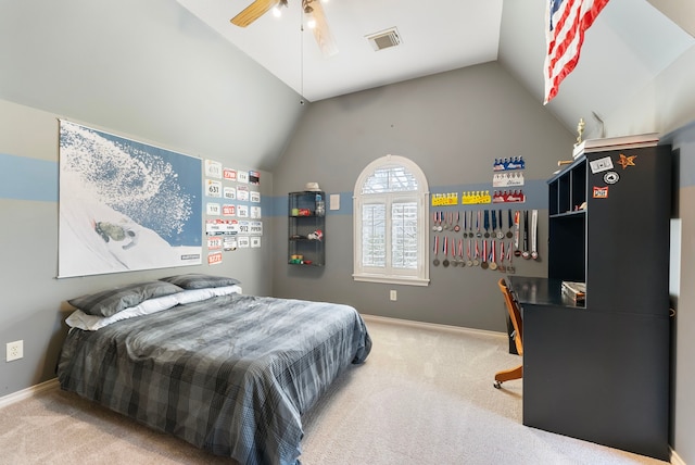 bedroom with visible vents, carpet floors, lofted ceiling, and ceiling fan