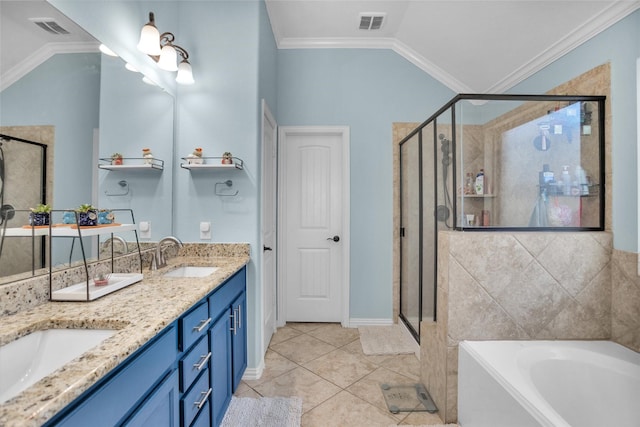 bathroom featuring vaulted ceiling, ornamental molding, a stall shower, and a sink