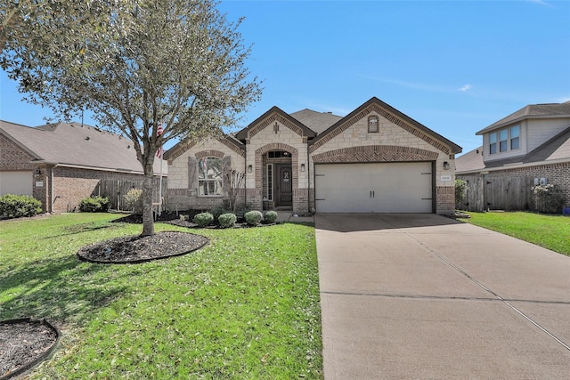 french provincial home with concrete driveway, a garage, brick siding, and a front yard