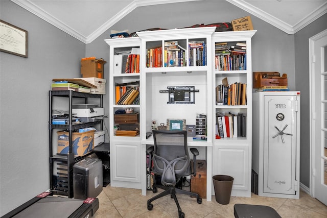 office area featuring ornamental molding, tile patterned flooring, and vaulted ceiling