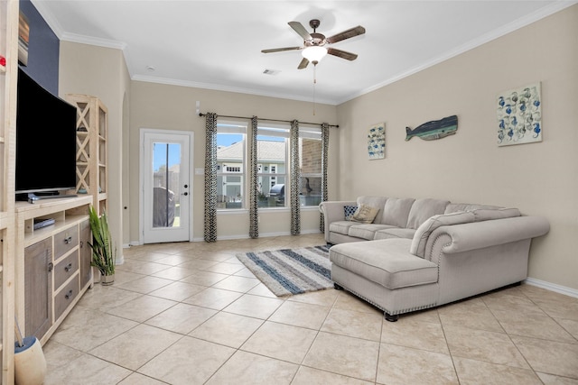 living room featuring light tile patterned floors, visible vents, ceiling fan, and ornamental molding