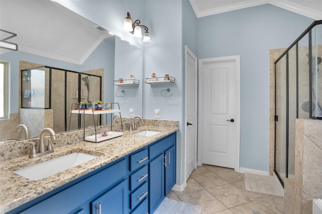 full bath featuring a sink, a stall shower, and crown molding