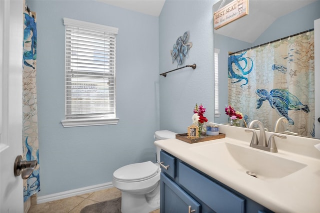 full bathroom with tile patterned floors, baseboards, toilet, and vanity