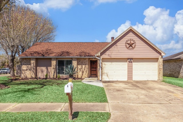 ranch-style house featuring a garage, brick siding, concrete driveway, and a front yard