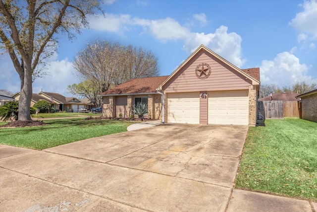 single story home with fence, a front lawn, concrete driveway, a garage, and brick siding