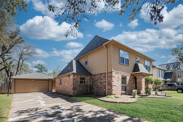 view of side of property featuring brick siding, a shingled roof, a lawn, a garage, and driveway