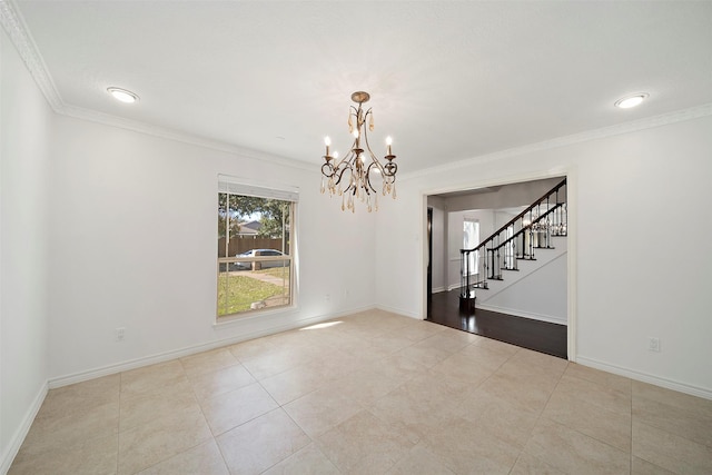 empty room featuring tile patterned floors, stairway, baseboards, and crown molding