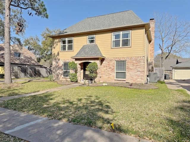 view of front of home with brick siding, fence, central AC, a front yard, and a chimney