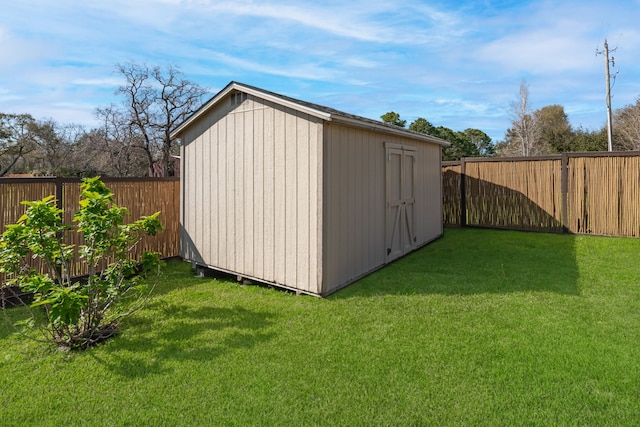 view of shed featuring a fenced backyard